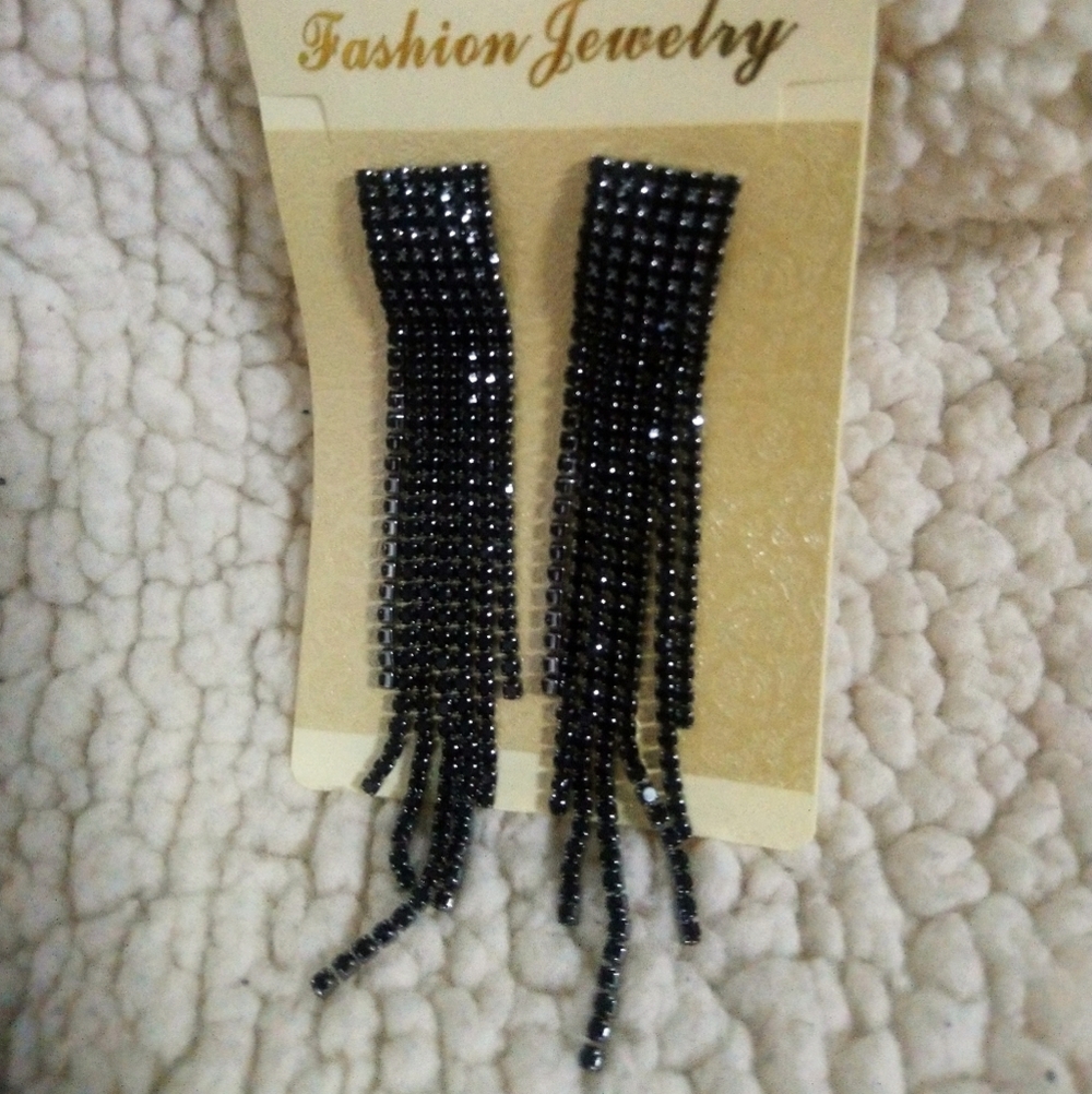 Dramatic Black Rhinestone Mesh Waterfall Earrings, Glam Goth Y2K Evening Dangles
